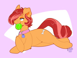 Size: 1280x973 | Tagged: safe, artist:maynara, imported from derpibooru, oc, oc only, oc:peaches(maynara), earth pony, pony, abstract background, ball, collar, crossed hooves, female, hair over one eye, lying down, mouth hold, pet play, pet tag, pony pet, solo, tennis ball