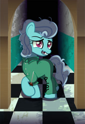 Size: 1400x2050 | Tagged: safe, artist:spellboundcanvas, imported from derpibooru, screw loose, earth pony, pony, clothes, crazy face, creepy, faic, female, hallway, jumpsuit, missing teeth, prison, prison outfit, prisoner, screwdriver, solo