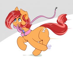 Size: 1280x1041 | Tagged: safe, artist:maynara, imported from derpibooru, oc, oc only, oc:peaches(maynara), earth pony, pony, abstract background, chest fluff, collar, eye clipping through hair, female, leash, mouth hold, pet play, pet tag, pony pet, running, solo, speed lines