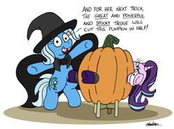 Size: 1024x757 | Tagged: safe, artist:bobthedalek, imported from derpibooru, starlight glimmer, trixie, pony, unicorn, assistant's outfit, bipedal, box, box sawing trick, cape, clothes, cuffs (clothes), duo, female, fishnets, hat, high heels, inconvenient trixie, magic show, magic trick, mare, pumpkin, pumpky wumpkin, shoes, simple background, starlight glimmer is not amused, this will end in pain and/or death, this will end in tears, this will not end well, unamused, white background, witch costume, witch hat