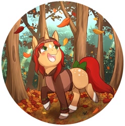 Size: 1506x1518 | Tagged: safe, artist:foxhatart, imported from derpibooru, oc, oc only, oc:toffee apple, pony, unicorn, autumn, bow, clothes, eye clipping through hair, female, horn, leaf, leaves, mare, open mouth, open smile, smiling, solo, sweater, tail, tail bow, tree, unicorn oc