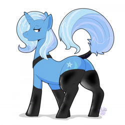 Size: 1280x1280 | Tagged: safe, artist:maynara, imported from derpibooru, trixie, pony, unicorn, boots, butt, collar, female, latex, latex boots, looking back, mare, pet play, plot, raised tail, shoes, simple background, solo, tail, tail wrap, the great and powerful ass, white background