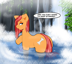 Size: 1280x1132 | Tagged: safe, artist:maynara, imported from derpibooru, oc, oc only, oc:peaches(maynara), earth pony, pony, bathing, female, looking back, raised hoof, reflection, solo, speech bubble, steam, water, waterfall, wet, wet mane