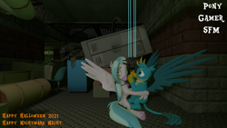 Size: 1920x1080 | Tagged: safe, artist:ponygamer2020, imported from derpibooru, gallus, silverstream, alien, classical hippogriff, griffon, hippogriff, xenomorph, what lies beneath, 3d, alien (franchise), alien: isolation, crossover, dark, dead space, energy weapon, eye contact, female, gallstream, gun, halloween, hidden, hiding, holiday, hug, jewelry, laser, looking at each other, looking up, male, necklace, nervous, nightmare night, plasma cutter, plasma gun, protecting, quiet, scared, science fiction, screaming, shipping, shrunken pupils, silence, silverstream hugs gallus, sitting, source filmmaker, spread wings, straight, tail, terrified, video game, video game crossover, weapon, wings