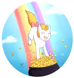 Size: 1347x1416 | Tagged: safe, artist:foxhatart, imported from derpibooru, oc, oc only, oc:honey, pony, unicorn, coin, cute, eyes closed, female, mare, ocbetes, open mouth, pot of gold, solo