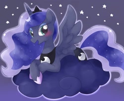 Size: 1975x1611 | Tagged: safe, artist:ginmaruxx, imported from derpibooru, princess luna, alicorn, pony, blushing, cloud, cute, female, lunabetes, lying down, lying on a cloud, mare, night, night sky, on a cloud, open mouth, prone, sky, solo, spread wings, stars, wings