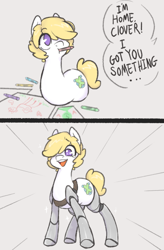 Size: 561x857 | Tagged: safe, artist:anondrawpone, artist:mt, imported from derpibooru, oc, oc only, oc:clover, earth pony, pony, 2 panel comic, amputee, comic, crayons, cyber legs, drawthread, female, good end, hair over one eye, happy, happy ending, heartwarming, legless, mare, mouth hold, offscreen character, prosthetics, quadruple amputee, simple background, text