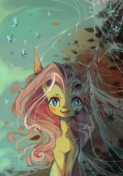 Size: 700x1000 | Tagged: safe, artist:duckjifs246, imported from derpibooru, fluttershy, butterfly, pony, spider, every little thing she does, bust, creepy, female, front view, full face view, leaves, long ears, looking at you, mare, open mouth, open smile, portrait, sitting, smiling, solo, spider web, stray strand