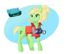 Size: 2732x2048 | Tagged: safe, artist:rebypepe, imported from derpibooru, oc, oc only, oc:arion, oc:milli, earth pony, pony, robot, camera, clothes, drone, earth pony oc, eponafest, eye clipping through hair, eyebrows, eyebrows visible through hair, female, high res, jacket, mare, open mouth, open smile, original character do not steal, ponytail, raised hoof, simple background, smiling, solo