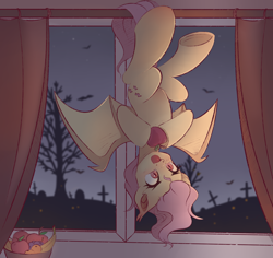 Size: 3238x3057 | Tagged: safe, artist:vetta, imported from derpibooru, fluttershy, bat pony, pony, apple, bat ponified, female, flutterbat, food, frog (hoof), hanging by tail, high res, hoof hold, indoors, looking at something, mare, night, open mouth, prehensile tail, race swap, solo, spread wings, tail, underhoof, upside down, window, wings