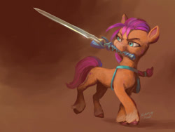 Size: 800x600 | Tagged: safe, artist:grissaecrim, imported from derpibooru, sunny starscout, earth pony, pony, female, g5, master sword, mouth hold, my little pony: a new generation, solo, sword, the legend of zelda, weapon