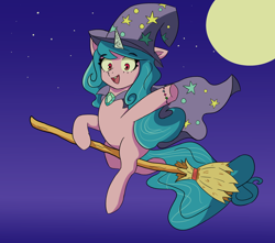 Size: 2258x1998 | Tagged: safe, artist:artiks, imported from derpibooru, izzy moonbow, pony, unicorn, broom, cape, clothes, female, flying, flying broomstick, g5, hat, moon, my little pony: a new generation, solo, stars, trixie's cape, trixie's hat, witch