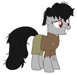 Size: 782x764 | Tagged: safe, artist:pagiepoppie12345, imported from derpibooru, oc, oc only, oc:dark bloomer, earth pony, pony, clothes, hair bun, messy mane, older, pigtails, simple background, smiling, torn clothes, transparent background, vector