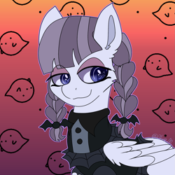 Size: 1439x1439 | Tagged: safe, artist:bluemoon, imported from derpibooru, inky rose, pegasus, pony, honest apple, female, gradient background, halfbody, lidded eyes, looking back, smiling, solo