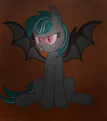 Size: 3016x3402 | Tagged: safe, artist:rainbowšpekgs, imported from derpibooru, oc, oc only, oc:malachite cluster, bat pony, pony, angry, bat pony oc, bat wings, dark, evil, glowing, glowing eyes, grin, halloween, high res, holiday, male, scary, sitting, smiling, solo, spooky, spread wings, wings