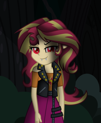 Size: 4600x5600 | Tagged: safe, artist:emeraldblast63, imported from derpibooru, sunset shimmer, undead, vampire, equestria girls, clothes, costume, fangs, female, red eyes, slit pupils, solo, vampire shimmer, vest