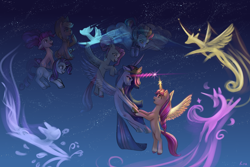 Size: 9000x6000 | Tagged: safe, artist:roadsleadme, imported from derpibooru, applejack, fluttershy, pinkie pie, rainbow dash, rarity, sunny starscout, twilight sparkle, alicorn, earth pony, ghost, pegasus, pony, undead, unicorn, the last problem, spoiler:my little pony: a new generation, absurd file size, absurd resolution, artificial wings, augmented, g5, glowing, glowing horn, horn, magic, magic horn, magic wings, mane six, my little pony: a new generation, older, older applejack, older fluttershy, older mane six, older pinkie pie, older rainbow dash, older rarity, older twilight, open mouth, princess twilight 2.0, race swap, sunny and her heroine, sunnycorn, twilight sparkle (alicorn), wings