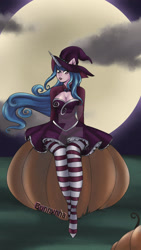 Size: 1024x1816 | Tagged: safe, artist:bunnynha, imported from derpibooru, izzy moonbow, anthro, unicorn, breasts, busty izzy moonbow, cleavage, clothes, costume, deviantart watermark, female, full moon, g5, halloween, halloween costume, hat, holiday, moon, my little pony: a new generation, obtrusive watermark, pumpkin, socks, solo, stocking feet, stockings, striped socks, thigh highs, watermark, witch costume, witch hat