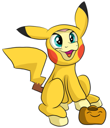 Size: 591x684 | Tagged: safe, artist:doodledonutart, imported from derpibooru, fluttershy, pegasus, pikachu, pony, clothes, costume, cute, kigurumi, open mouth, open smile, pokémon, shyabetes, simple background, smiling, solo, transparent background