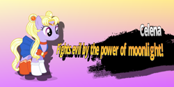 Size: 2160x1080 | Tagged: safe, artist:pagiepoppie12345, imported from derpibooru, celena, earth pony, pony, female, magical pony, meme, sailor moon, smiling, splash art, super smash bros.