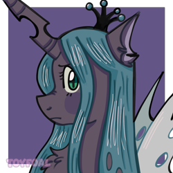 Size: 1000x1000 | Tagged: safe, artist:toyfoal, imported from derpibooru, queen chrysalis, changeling, changeling queen, bust, chest fluff, female, looking at you, portrait, profile, simple background, solo, spread wings, stray strand, wings