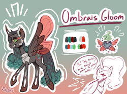 Size: 4048x3000 | Tagged: safe, artist:scribleydoodles, imported from derpibooru, king sombra, nightmare moon, queen chrysalis, oc, changeling, changeling queen, pony, unicorn, butterfly wings, changeling oc, color palette, commissioner:bigonionbean, crown, cutie mark, ethereal mane, ethereal tail, female, fusion, horn, jewelry, magic, mare, queen umbra, reference sheet, regalia, rule 63, tail, wings, writer:bigonionbean