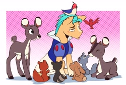 Size: 4096x2755 | Tagged: safe, artist:chub-wub, imported from derpibooru, hitch trailblazer, bird, deer, earth pony, pony, rabbit, raccoon, squirrel, animal, blushing, clothes, cosplay, costume, critter magnet, crossdressing, cute, disney, disney princess, dress, eyebrows, eyebrows visible through hair, funny, funny as hell, g5, high res, hitch trailblazer is not amused, hitchbetes, male, my little pony: a new generation, snow white, snow white and the seven dwarfs, solo, stallion, unamused