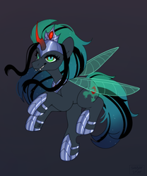 Size: 2977x3578 | Tagged: safe, artist:sugarstar, imported from derpibooru, oc, oc only, oc:empress sacer malum, hybrid, pony, unicorn, angry, armor, changeling oc, changeling queen oc, commissioner:bigonionbean, curved horn, cutie mark, ethereal hair, ethereal mane, ethereal tail, female, fusion, fusion:king sombra, fusion:nightmare moon, fusion:queen chrysalis, high res, horn, magic, mare, parent:king sombra, parent:nightmare moon, parent:princess luna, parent:queen chrysalis, solo, tail, unicorn oc, wings, writer:bigonionbean