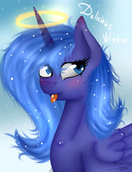 Size: 4607x6000 | Tagged: safe, artist:herusann, imported from derpibooru, princess luna, alicorn, pony, :p, blushing, bust, eyelashes, female, halo, horn, mare, s1 luna, snow, tongue out, wings