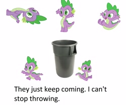 Size: 3136x2616 | Tagged: safe, imported from ponybooru, spike, dragon, into the trash it goes, male, solo, text, trash can