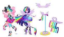 Size: 1260x721 | Tagged: safe, artist:ashleigh hetrick, imported from twibooru, pinkie pie, twilight sparkle, equestria girls, rainbow rocks, clothes, concept art, doll, high five, image, microphone, multicolored hair, needs more jpeg, ponied up, rainbow hair, rainbow rocks outfit, toy