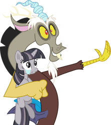 Size: 2657x3000 | Tagged: safe, artist:frownfactory, artist:wardex101, edit, imported from derpibooru, discord, twilight sparkle, draconequus, pony, unicorn, the return of harmony, crying, discorded, discorded twilight, duo, ear fluff, female, frown, gritted teeth, high res, holding a pony, horn, male, mare, multicolored mane, multicolored tail, purple eyes, simple background, smiling, tail, transparent background, unicorn twilight, vector, wings, x x everywhere