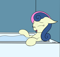 Size: 1460x1374 | Tagged: safe, artist:wapamario63, imported from ponybooru, bon bon, sweetie drops, earth pony, pony, bath, bathtub, colored, cute, ears, eyes closed, female, flat colors, floppy ears, mare, open mouth, relaxed, simple background, sitting, solo, water