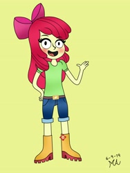 Size: 3072x4096 | Tagged: safe, artist:mraragn1, imported from derpibooru, apple bloom, equestria girls, blushing, female, simple background, solo, yellow background