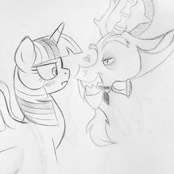 Size: 1080x1080 | Tagged: safe, artist:mjstoakes, imported from derpibooru, discord, twilight sparkle, alicorn, draconequus, blushing, discolight, drawing, fangs, female, flower, grayscale, heart, male, monochrome, rose, sharp teeth, shipping, show accurate, sketch, straight, teeth, traditional art, tsundere, twilight sparkle (alicorn)