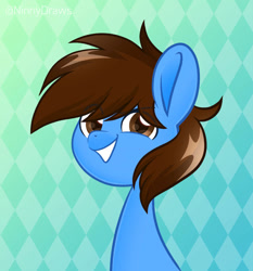 Size: 863x926 | Tagged: safe, artist:ninnydraws, imported from derpibooru, oc, oc only, oc:pegasusgamer, earth pony, pony, bust, looking at you, simple background, smiling, smirk, solo