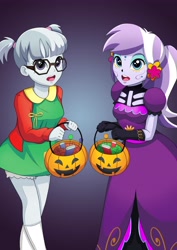 Size: 2894x4093 | Tagged: safe, artist:the-dark-mangaka, imported from derpibooru, diamond tiara, silver spoon, equestria girls, candy, catalina la catrina, chilindrina, clothes, costume, el chavo del 8, female, food, glasses, halloween, halloween costume, holiday, pumpkin bucket