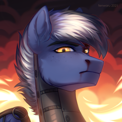 Size: 2000x2000 | Tagged: safe, artist:fenwaru, imported from derpibooru, oc, oc only, oc:maverick, oc:squall splitter, pegasus, pony, fallout equestria, angry, armor, blood, bust, fire, high res, male, portrait, proud, solo