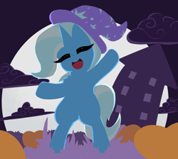 Size: 3336x2990 | Tagged: safe, artist:llametsul, imported from derpibooru, trixie, pony, unicorn, bipedal, clothes, cloud, cute, diatrixes, eyelashes, eyes closed, female, halloween, happy, hat, high res, holiday, horn, mare, minimalist, moon, night, nightmare night, open mouth, open smile, pumpkin, smiling, solo, trixie's hat