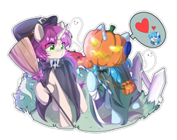 Size: 4196x3302 | Tagged: safe, artist:yaya, imported from derpibooru, oc, oc only, oc:otakulight, oc:wubu, ghost, undead, broom, candy, candy cane, cape, clothes, fence, food, halloween, hat, holiday, jack-o-lantern, pumpkin, simple background, transparent background, witch costume, witch hat