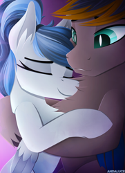 Size: 1838x2539 | Tagged: safe, artist:andaluce, imported from derpibooru, oc, oc:black night, oc:haze northfleet, bat pony, pegasus, pony, bed, chest fluff, cuddling, cute, ear fluff, female, lineless, male, sleeping, smiling