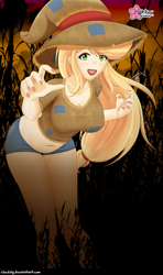 Size: 593x1000 | Tagged: safe, artist:clouddg, imported from derpibooru, applejack, equestria girls, belly button, breasts, busty applejack, clothes, costume, daisy dukes, female, freckles, halloween, halloween costume, holiday, looking at you, midriff, multiple variants, open mouth, scarecrow, shorts, solo