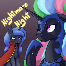 Size: 2480x2480 | Tagged: safe, artist:wild-thunder06, imported from derpibooru, nightmare moon, princess celestia, princess luna, alicorn, pony, undead, vampire, clothes, costume, fangs, high res, luna is not amused, nightmare night, one eye closed, royal sisters, siblings, sisters, smiling, unamused, wink