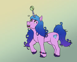 Size: 2462x1992 | Tagged: safe, artist:wolfman-al, imported from derpibooru, izzy moonbow, pony, unicorn, ball, bracelet, female, g5, gradient background, horn, hornball, izzy's tennis ball, jewelry, looking up, my little pony: a new generation, open mouth, raised hoof, simple background, solo, tennis ball, unshorn fetlocks