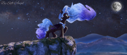 Size: 3557x1570 | Tagged: safe, artist:soft_angel, edit, edited screencap, imported from derpibooru, screencap, nightmare moon, alicorn, pony, armor, ethereal mane, female, flowing mane, g4, g4 to g5, g5, helmet, horn, jewelry, mare, moon, mountain, my little pony: a new generation, night, night sky, raised hoof, regalia, sky, stars, wings