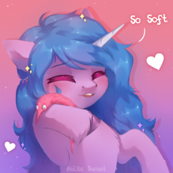 Size: 2000x2000 | Tagged: safe, artist:anku, imported from derpibooru, izzy moonbow, pony, unicorn, worm, cheek fluff, chest fluff, cute, eyebrows, eyebrows visible through hair, eyes closed, female, g5, gradient background, high res, mare, my little pony: a new generation, open mouth, open smile, simple background, slim, smiling, solo, toy, worm on a string