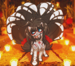 Size: 1000x878 | Tagged: safe, artist:thegamercolt, imported from derpibooru, oc, oc only, oc:thegamercolt, earth pony, pony, bone, candle, chest fluff, clothes, costume, dia de los muertos, fluffy, fluffy tail, halloween, halloween costume, holiday, humogus tail, paint, solo, tail, tongue out