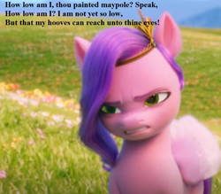 Size: 896x784 | Tagged: safe, edit, edited screencap, editor:korora, imported from derpibooru, screencap, pipp petals, pegasus, pony, spoiler:my little pony: a new generation, a midsummer night's dream, angry, cropped, crown, female, g5, jewelry, my little pony: a new generation, pipp is short, pipp petals is not amused, regalia, unamused, william shakespeare