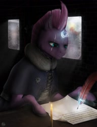 Size: 2500x3250 | Tagged: safe, artist:adept_fluttershy, imported from derpibooru, tempest shadow, pony, unicorn, broken horn, clothes, crossover, dark, eye scar, female, flag, frostpunk, glass, high res, horn, ice, mare, no armor, order, pen, ponified, post-apocalyptic, scar, snow, solo, winter, winter clothes