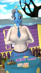 Size: 2160x3840 | Tagged: safe, artist:silkworm205, derpibooru exclusive, imported from derpibooru, trixie, anthro, unicorn, 3d, big breasts, big crown thingy, blackjack, breasts, busty trixie, cheating, clothes, crown, deck of cards, dress shirt, element of magic, female, hands behind back, high res, jewelry, key, looking at you, necktie, poker chips, regalia, revamped anthros, skeleton key, skirt, smug, source filmmaker, trixie day, trixie's wagon, wagon, wheel